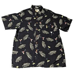 VTG RON CHERESKIN Men Large Black‎ Cocktail Leaves Rayon Hawaiian Shirt